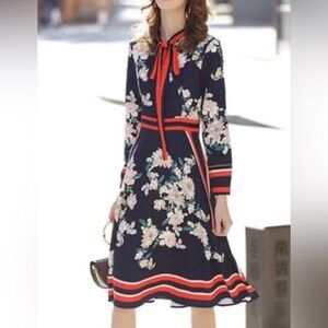 Floral Tie-Neck A-Line Dress - Navy